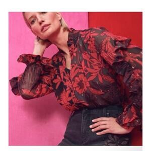 CHICO’S Sheer Floral Ruffle Button Down Chiffon Blouse Size 18 (3.5) Whimsigoth